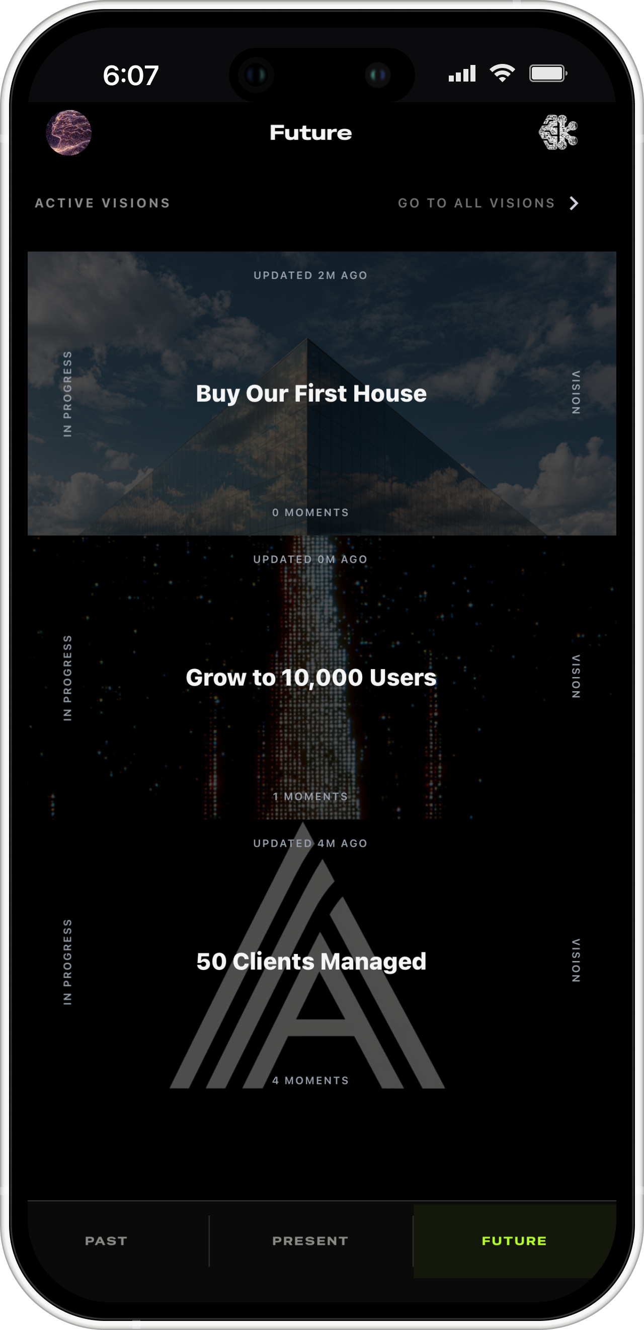 Future tab showing progress trails