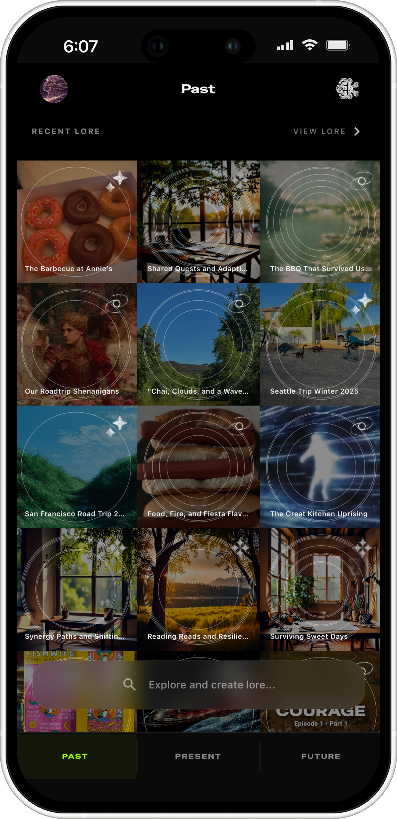 Past tab showing memories and timeline